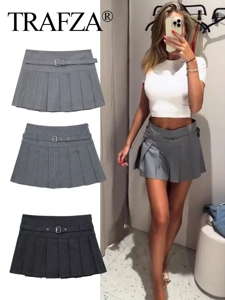 

TRAFZA 2023 Female Fashion Textured Wild Folds Skirt Woman High Waist Fashion Trend With Belt Tight Casual Mini Skirt Y2k