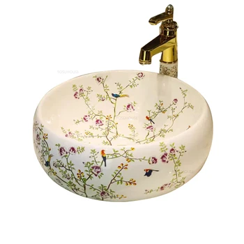 อ่างล้างมือเซรามิกยุโรปอ่างล่างหน้าสไตล์อเมริกันอ่างล้างมือทรงกลมสไตล์ย้อนยุคสำหรับระเบียงห้องน้ำอ่างทาสีด้วยมือสุดสร้างสรรค์ 1