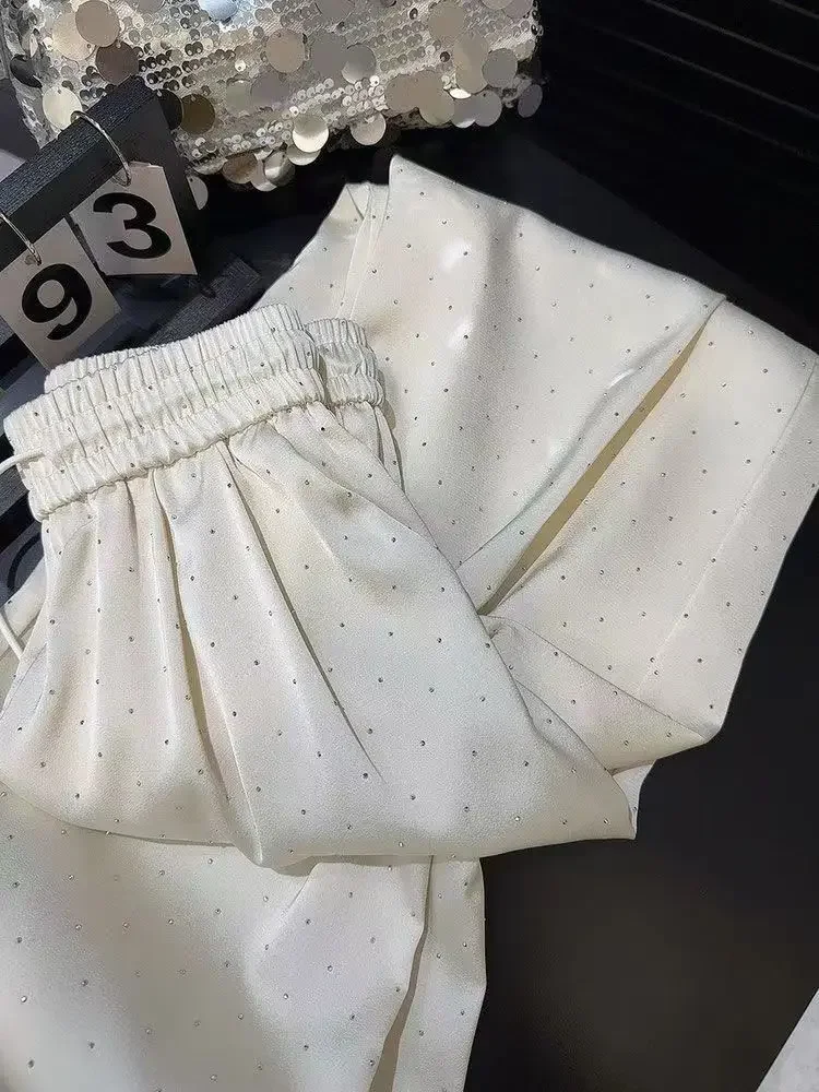 Black Satin Beading Solid Women Pants Spring Wide Leg Korean Fashion Pantalones De Mujer Elastic High Waist Trousers Sweatpants