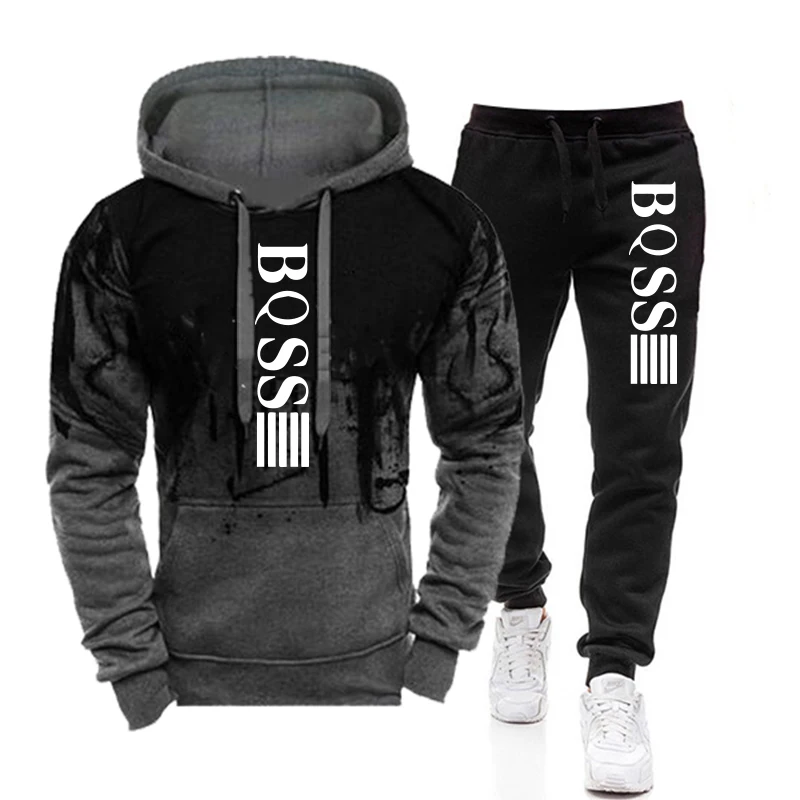 2024 Hot Sale Mens Tracksuit Splash-ink Hooded Sweatshirt+Black Sweatpants High Quality Male Casual Sports Jogging Set Outfits