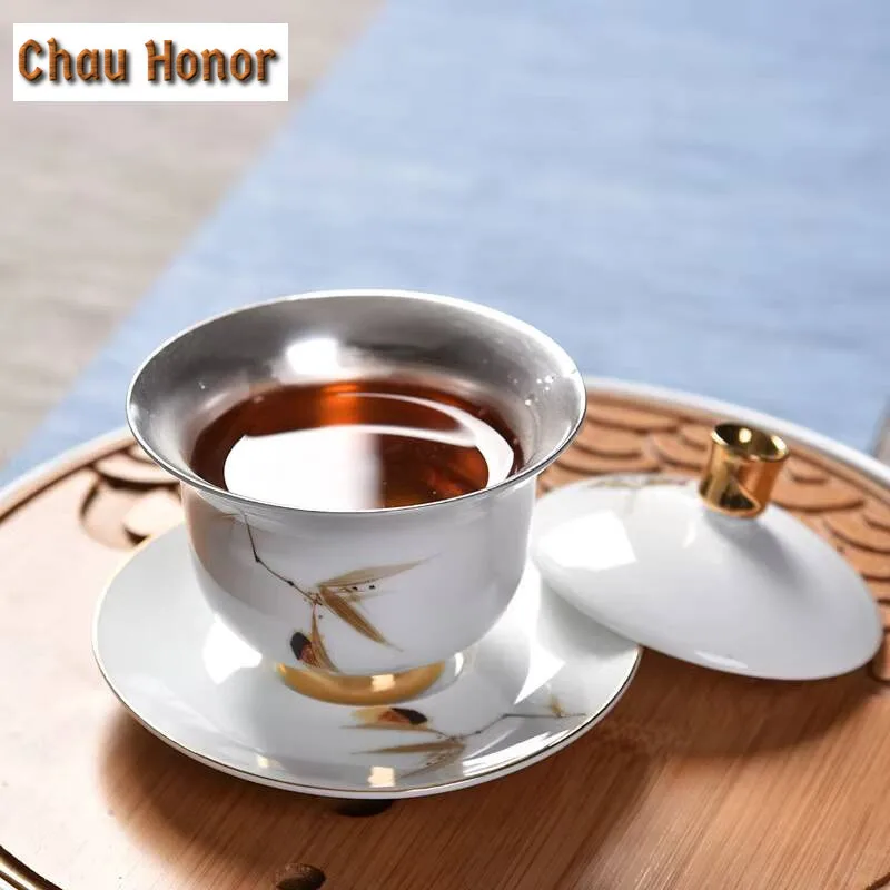 180ml Pure Gilded Silver Gaiwan Creative Hand Painted Sheep Fat Jade Cup Saucer Tea Tureen Tea Brewing Cover Bowl Teaware Craft