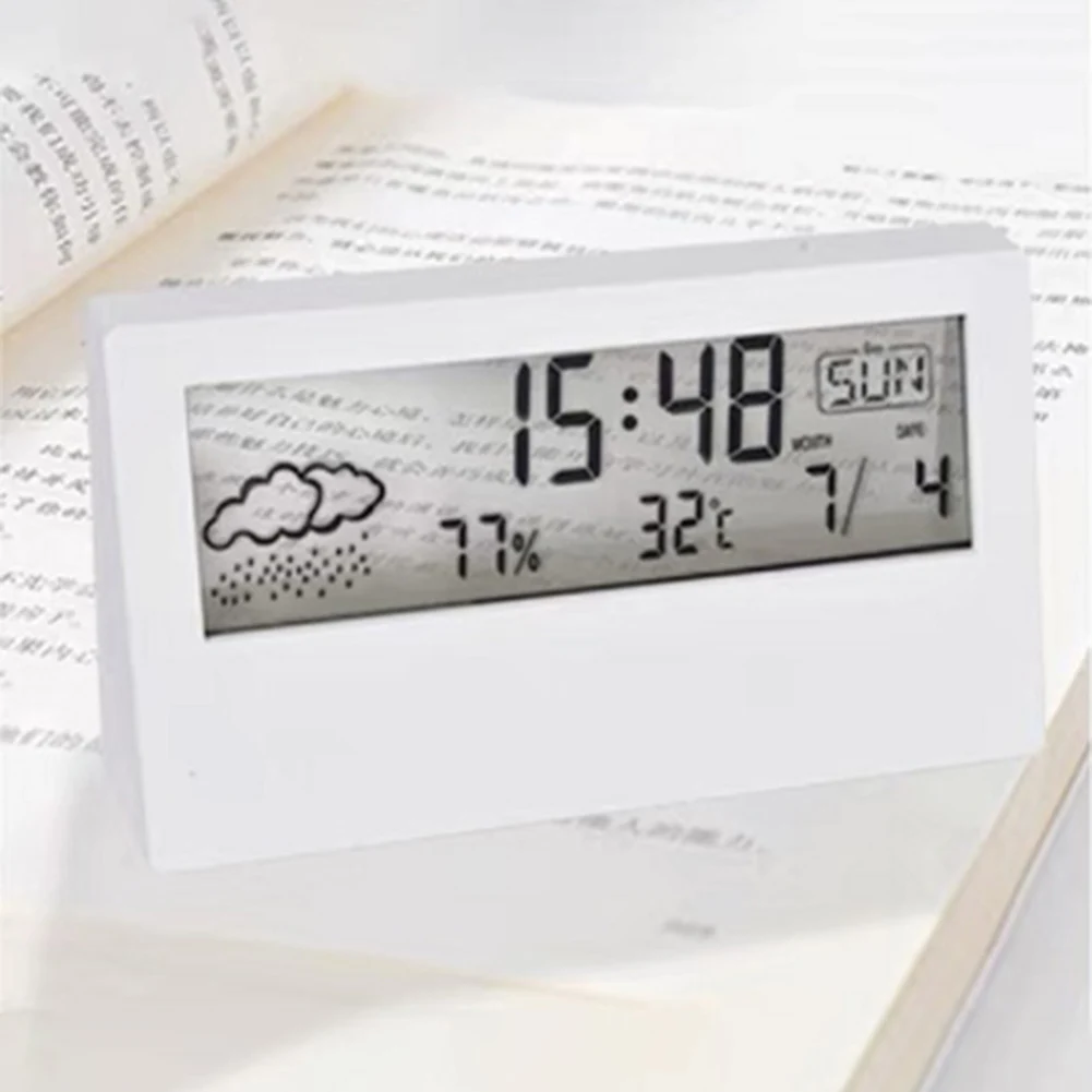 LCD Electric Desk Alarm Clock Calendar Digital Temperature Humidity Modern Weather Station Alarm Clock Desktop Home Office Decor 4