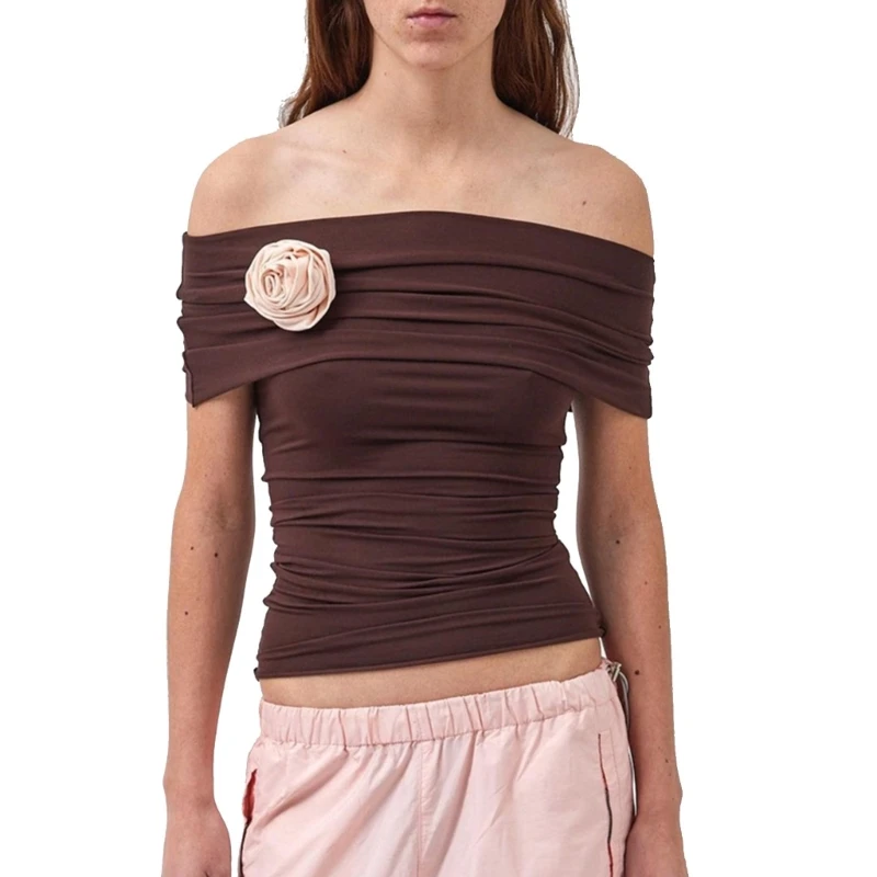 

Women Short Sleeves Sexy Fit Tees Tight Fit Off Shoulder Top Y2k 10CF