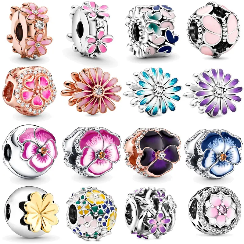 

925 Silver Charms Spring Pink Daisy Flower Clip Purple Pansy Flower Charm Beads Fit Original Pandora Bracelet Women Jewelry DIY