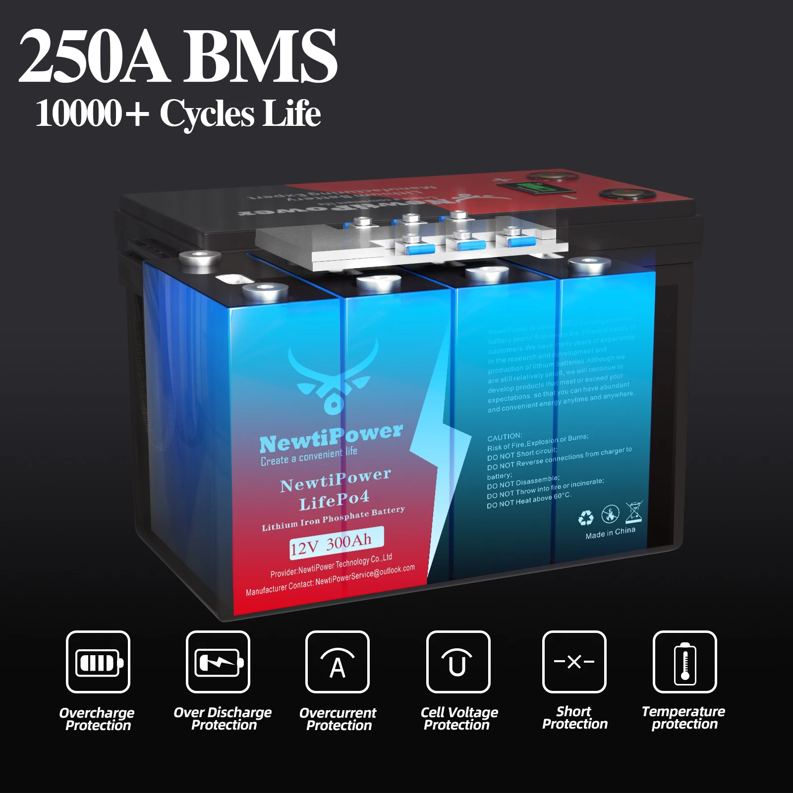 12V 300Ah LiFePO4 Lithium Battery,250A BMS,10000+ Deep Cycle Lithium Iron Phosphate Battery for RV, Marine ,Grid Applications