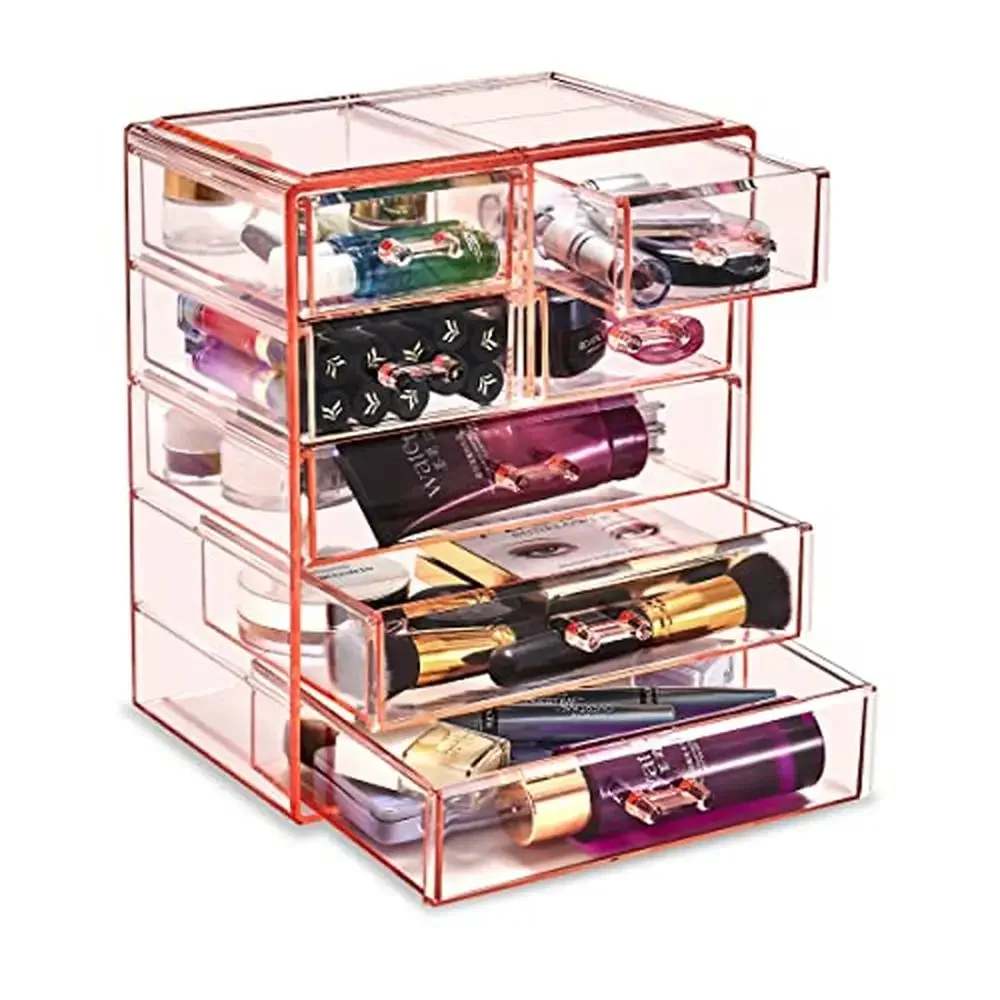 Cosmetic Organizer Set Acrylic Makeup Storage Bundle 7 Drawer Tower & 4 Drawer Jewlery Clear Pink Design Multipurpose 4