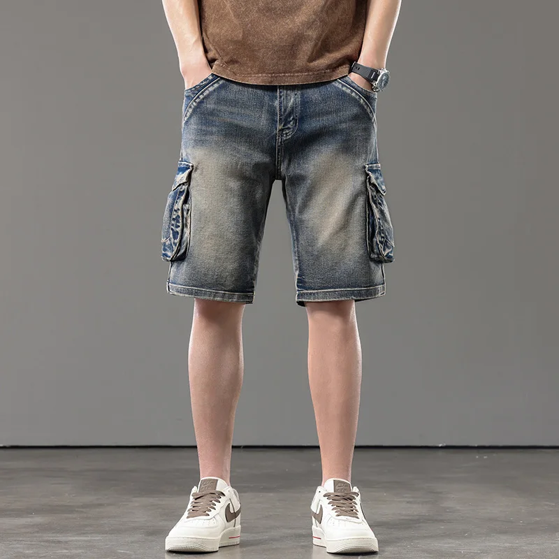 صيف جديد نمط كبير الحجم 28-44 الرجال متعدد جيب البضائع الدنيم السراويل الرجال المألوف فضفاض مستقيم الدينيم السراويل