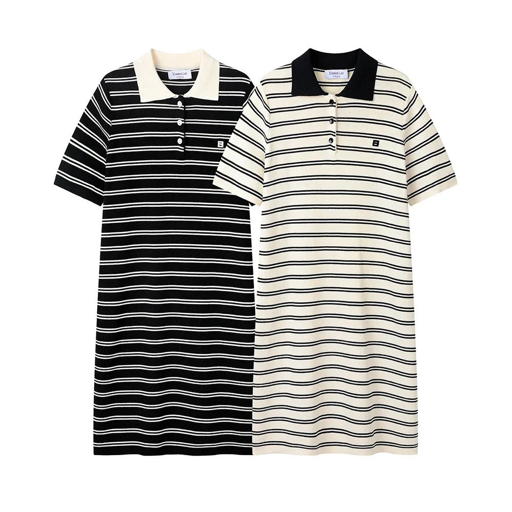 

Women Summer Tennis Polo Neck Knit Dress Casual Stripe Short Sleeve Long Dress Women GolfClothes