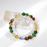 Lii Ji Natural Stone Green Jade Tiger Eye Citrine 6/8mm With Crystal American 14K Gold Filled Elastic Bracelet