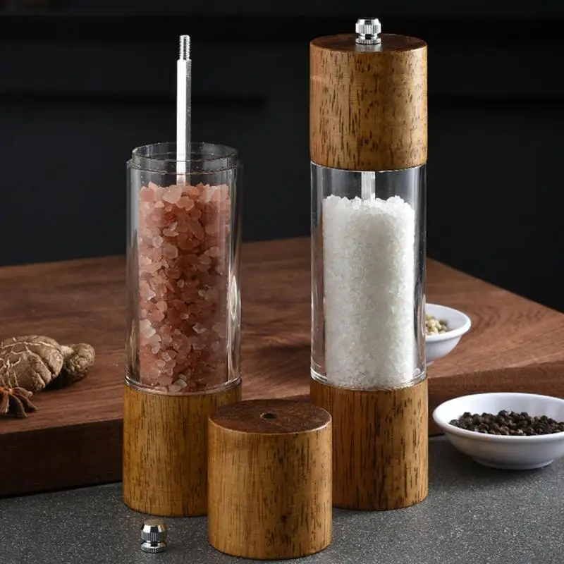 Pepper Grinder 5-Inch Solid Wood Adjustable Coarseness Salt and Pepper Mill - Wooden, Silver Tone