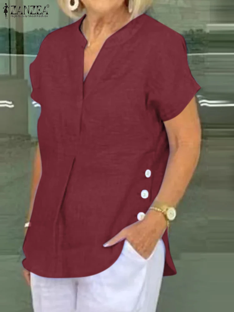 

ZANZEA Elegant OL Shirt Women Summer Blouse Short Sleeve V-Neck Cotton Blusas Causal Work Tops Tunic Oversize Buttons Chemise
