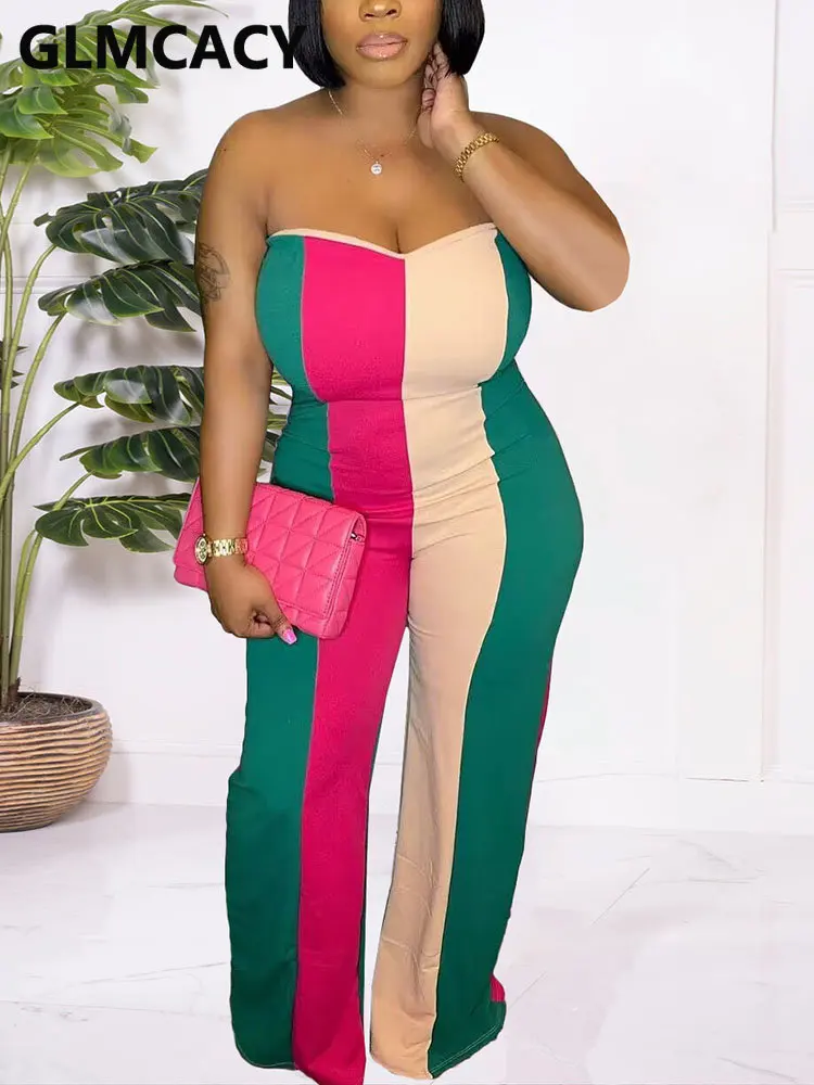 

Women Tri-color Panel Casual Jumpsuits Summer Tube Jumpsuits