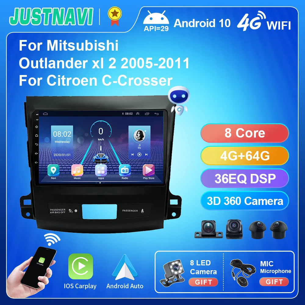 JUSTNAVI 2din Android 10.0 Car Radio Multimidia Player For Mitsubishi Outlander Xl 2 Citroen C-Crosser 2005 - 2013 Cars |