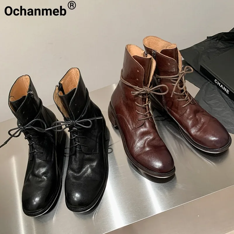 

Женские ботинки из натуральной кожи Ochanmeb, высококачественные армейские короткие ботинки на молнии, зимние женские плиссированные ботинки на среднем каблуке со шнуровкой в стиле ретро