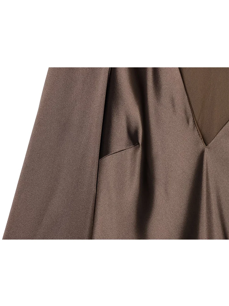 New Women's Scarf Collar Party Dress Solid V Neck Flare Long Sleeve Mini Dress Summer Satin Elegant Chic Ladies Fashion Dress