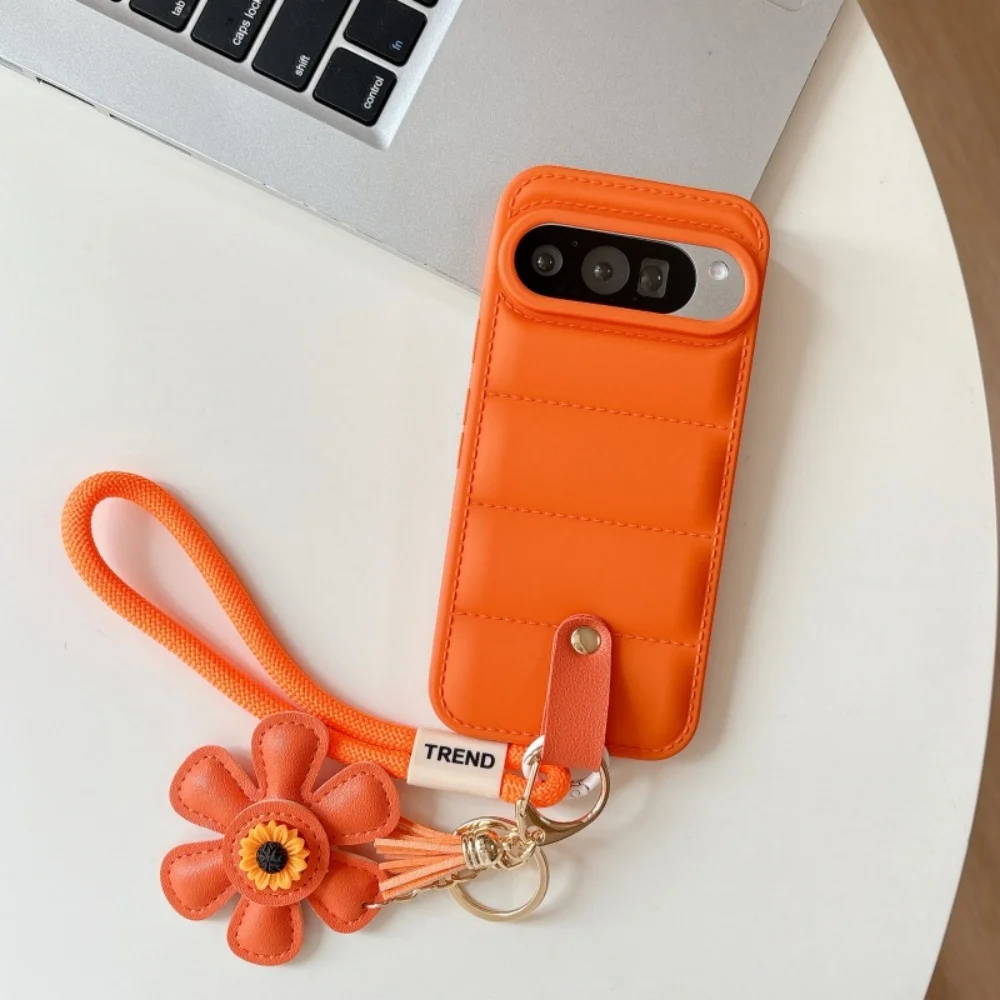 Cartoon Sunflower Down Jacket Lanyard Phone Case with Hand Wrist Strap - Soft TPU Cover