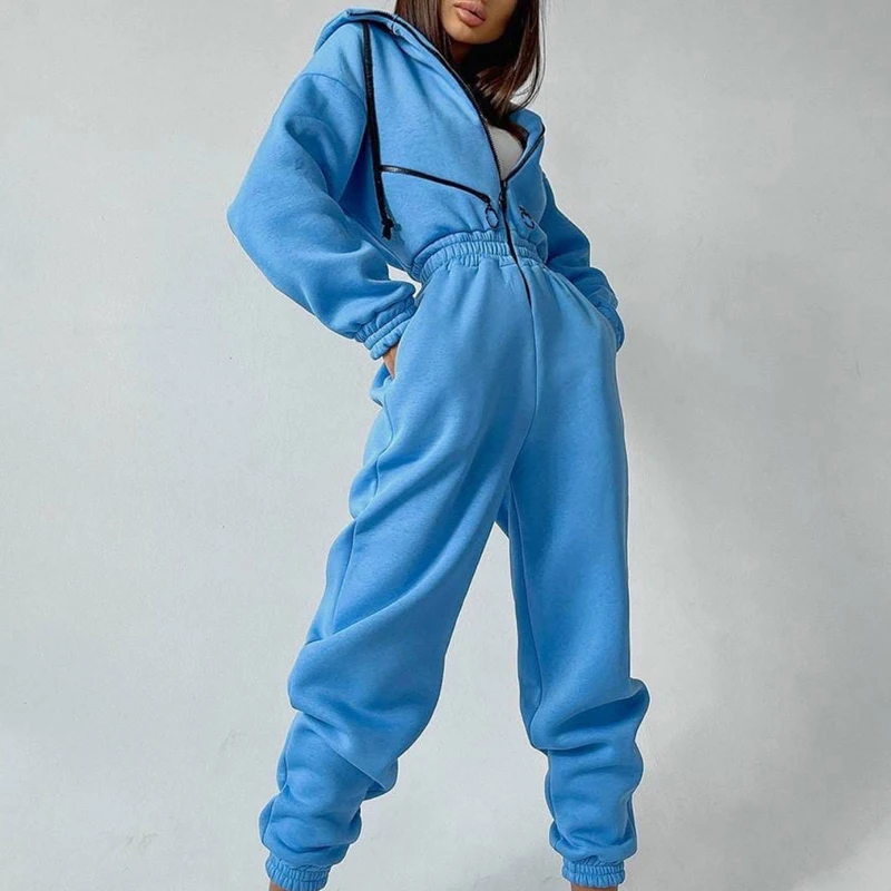

Women Hooded Jumpsuits Sweatshirts Zipper Pocket Hoodies Rompers Outfits Casual Loose Bodysuits Workout Streetwear Tracksuits