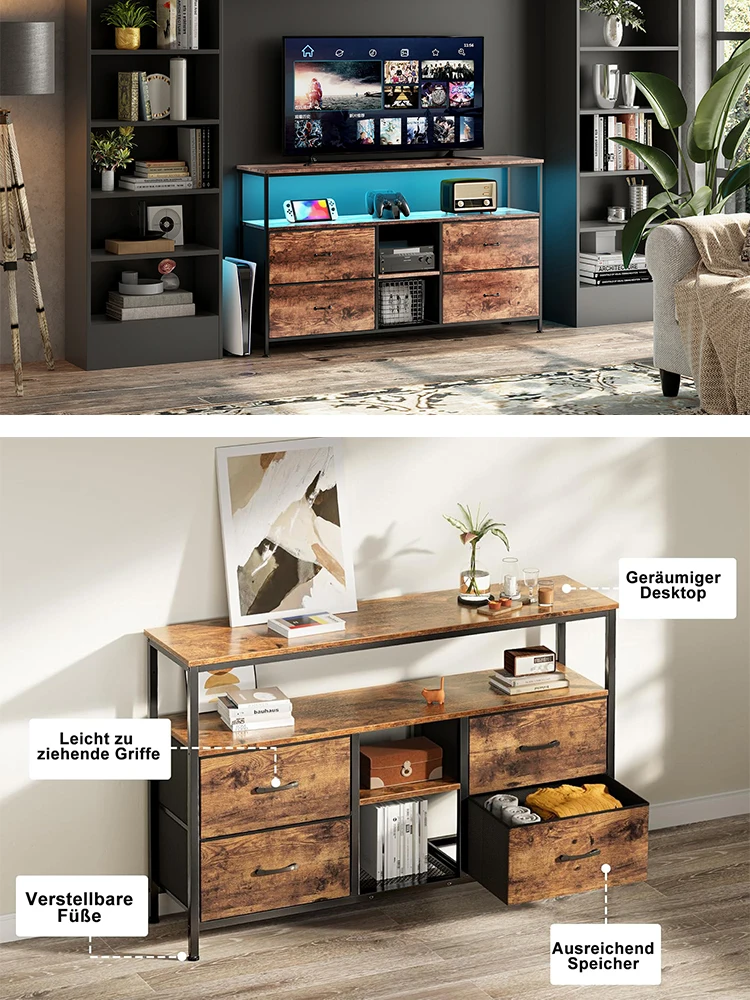 Creahappy TV-Ständer – 108 x 29,8 x 76,8 cm – TV-Ständer mit vier Schubladen und LED-Leuchten – Eisenrahmen – Bedruckte Stoffschubladen – Detail 1