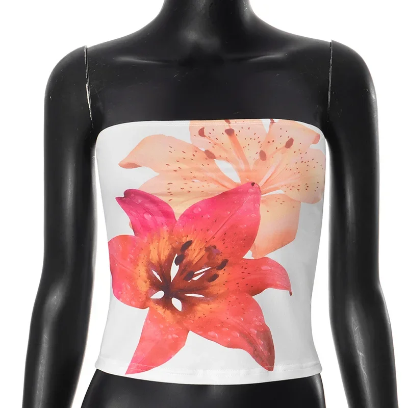 Top sexy con estampado floral, corto, sin tirantes, de una pieza, sin mangas, ajustado, de moda, para mujer, top informal sin cuello, sujetador Y2k