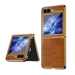 VIETAO Luxury Brown Leather Phone Case with Front Screen Protector - Samsung Z Flip 7 (Brown)