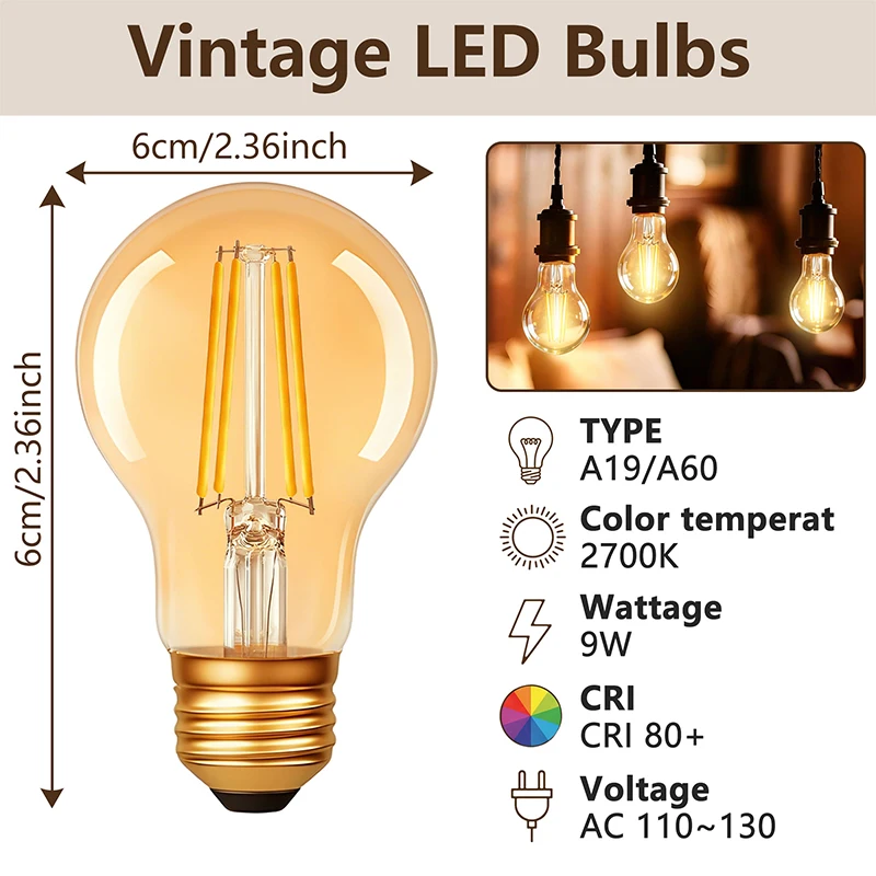 레트로 에디슨 전구 E27 AC 110V 9W 빈티지 유리 램프 A60 LED 필라멘트 조명 앤틱 전구 홈데코