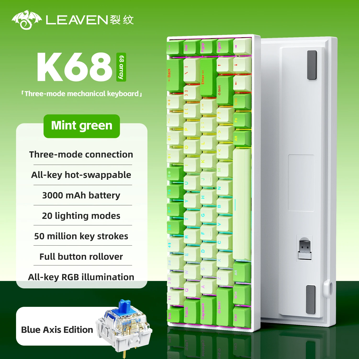 K68    68Key Wireless Mechanical Keyboard Tri-mode Connection,Full Key Hot Swap,RGB lighting Effects,Gasket Muffler Structure, L