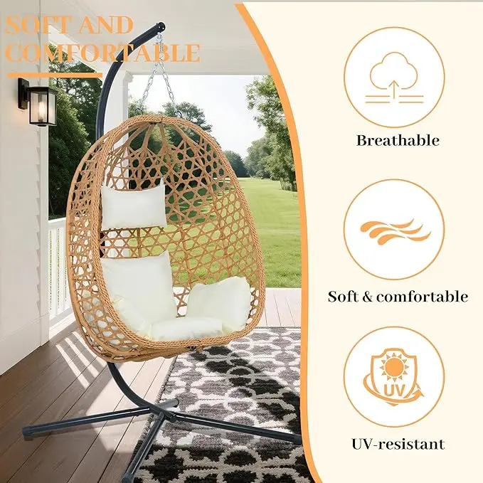 Hanging Egg Chair with Cushions Comfortable Chair with Stand for Patio Stylish and Relaxing 350LBS Capacity Indoor Outdoor Beige