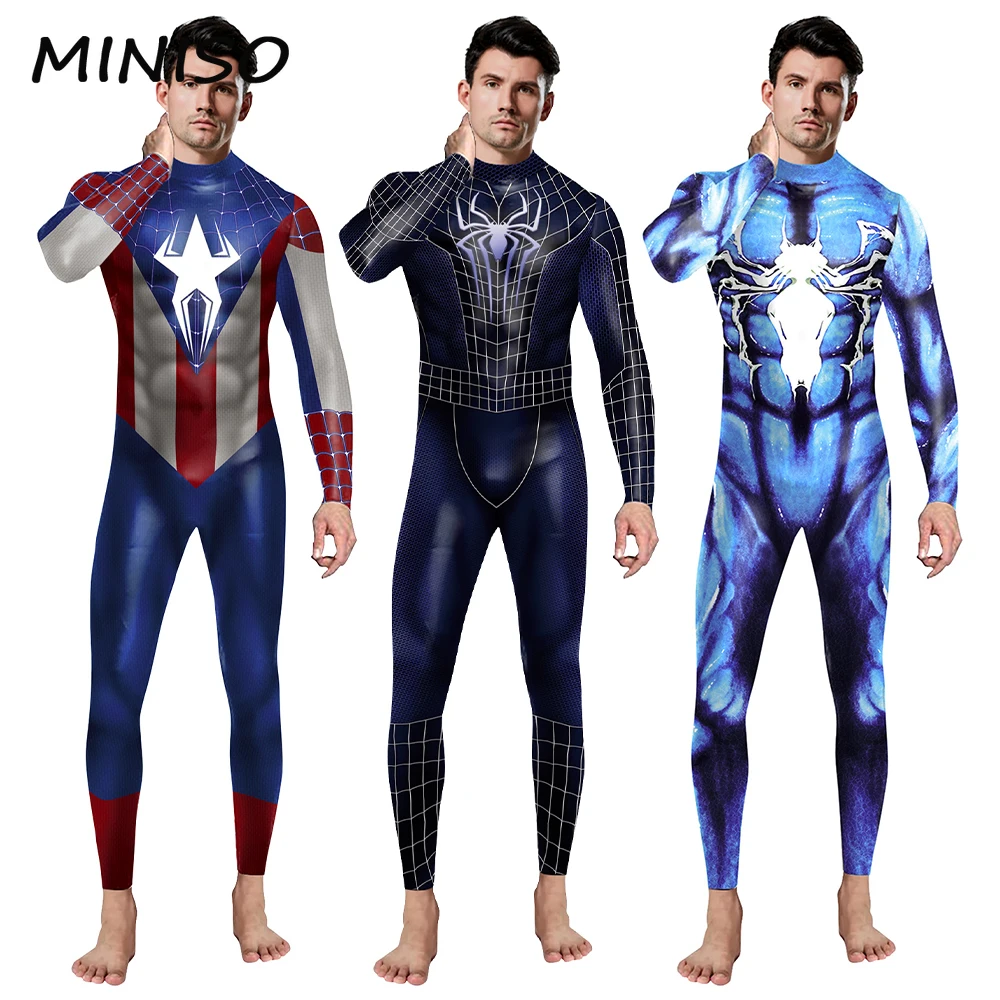 MINISO Man Cosplay Superhero Movie Costume Spider Pattern 3D Printed Zentai Suit Halloween Dress Up Cosplay Catsuit Jumpsuit