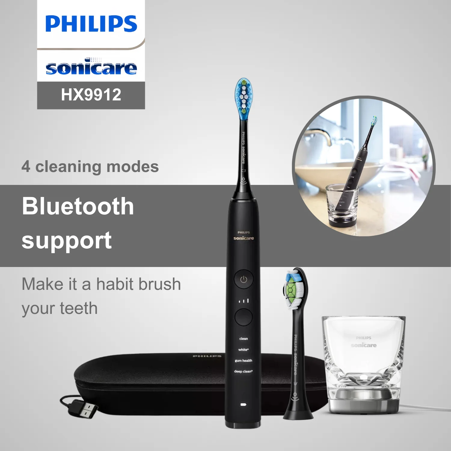 Philips Sonicare Electric Toothbrush 9000 Series HX9912, Bluetooth Connectivity, 4 Modes