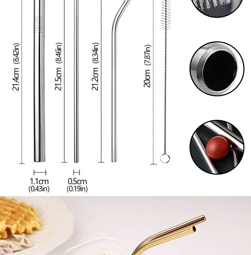 Wiederverwendbare Metall-Trinkhalme aus 304 Edelstahl, gerade und gebogen, mit Reinigungsbürste, 304 Strohhalme für Milchgetränke, für Bar und Party – Detail 7