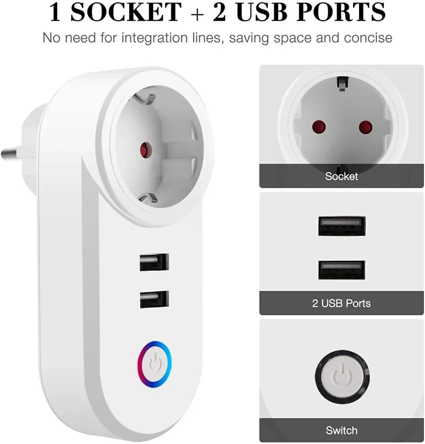 WiFi Smart Plug 16A EU CH IT Brazil Socket + 2.1A Dual USB Charger Tuya Smart Life APP Alexa Google Home Assistant Voice Control