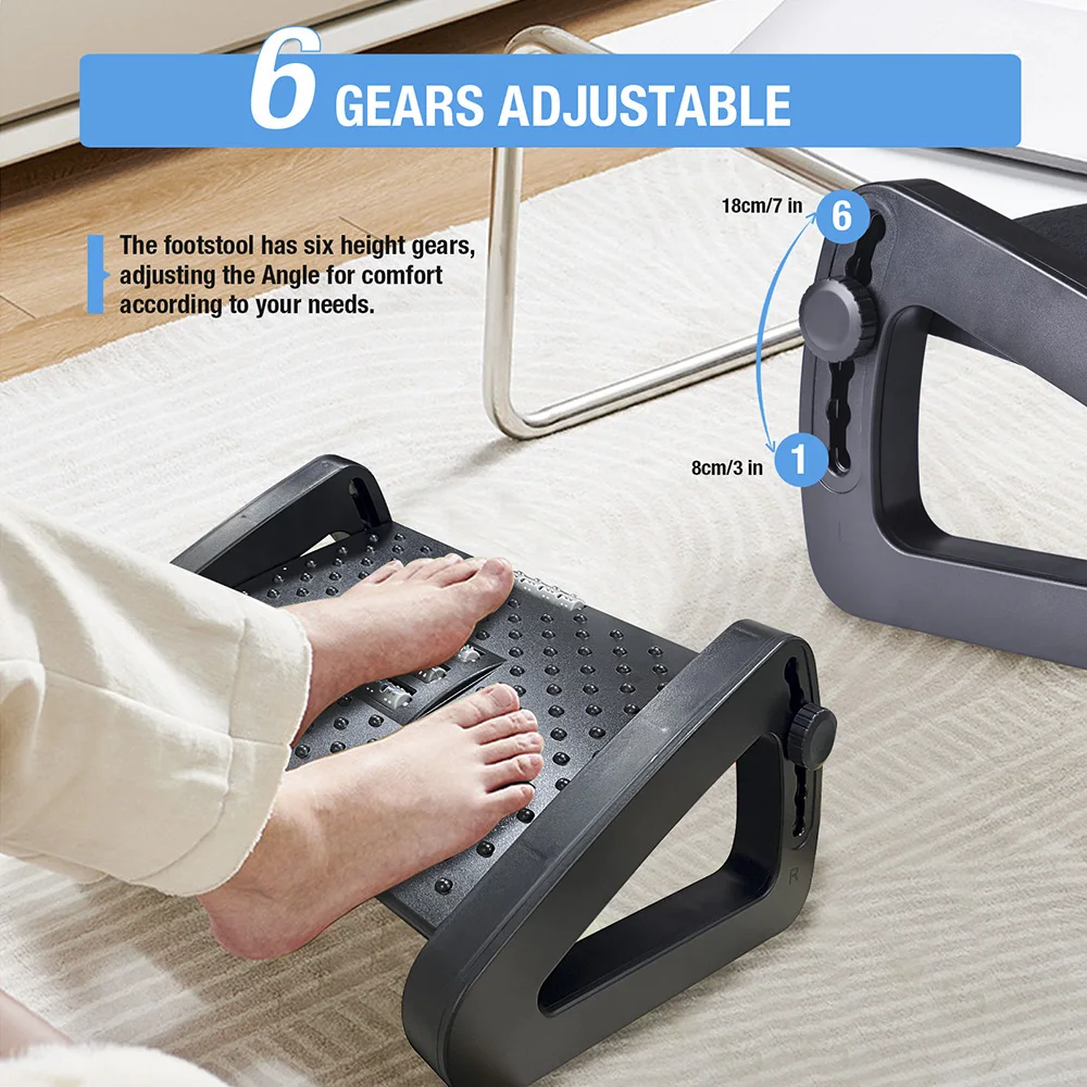 6 Height Adjustable Under Desk Footrest Ergonomic Leg Rest with Comfort Soft Pad and Massage Rollers for Home Office Work Study