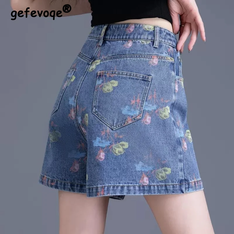 2024 Summer Women Trendy Printed High Waist A-line Denim Short Pants Y2K Female Casual Streetwear Loose Shorts Pantalones Cortos