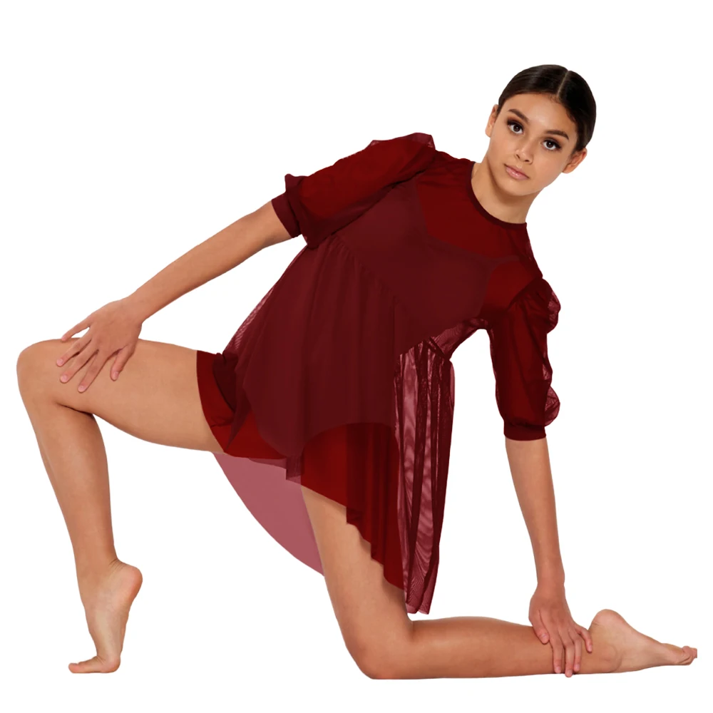 MiDee 2 Piece Babydoll Mesh Dress Matching Leotard Included Pullover Skirt Puff Sleeves Modern Lyrical Ballet Dance Costume