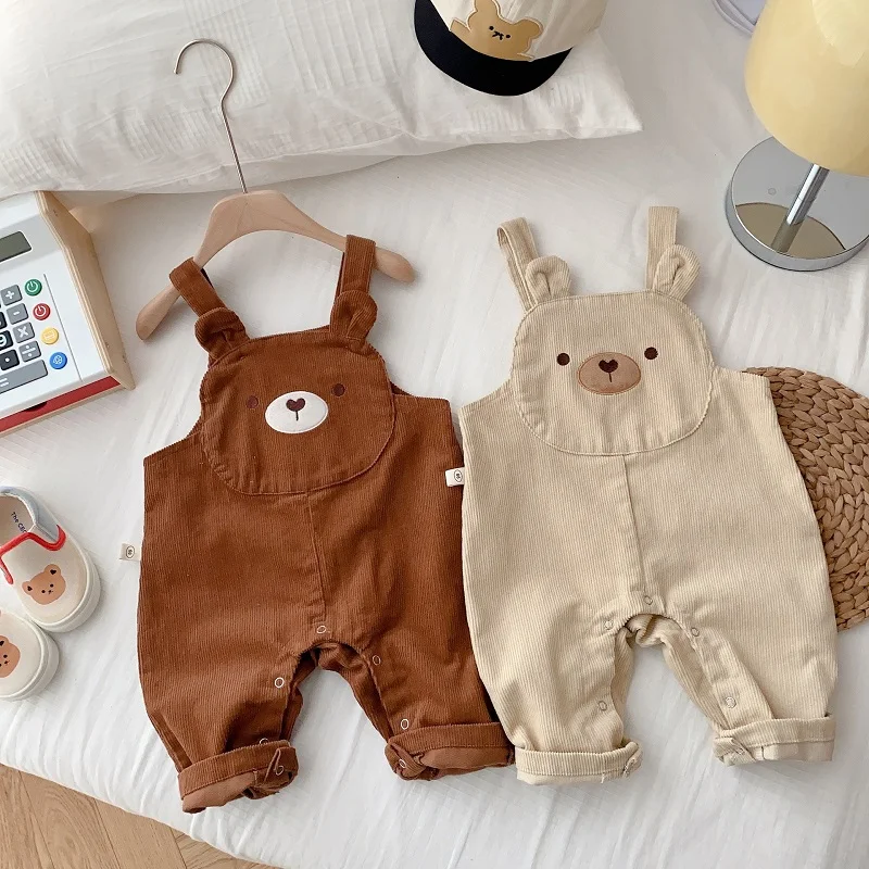 

0-2Years Baby Jumpsuit For Newborn Boy Girl Sleeveless Cartoon Bear Suspender Pant Corduroy Overalls Strap Bottom Autumn Clothes