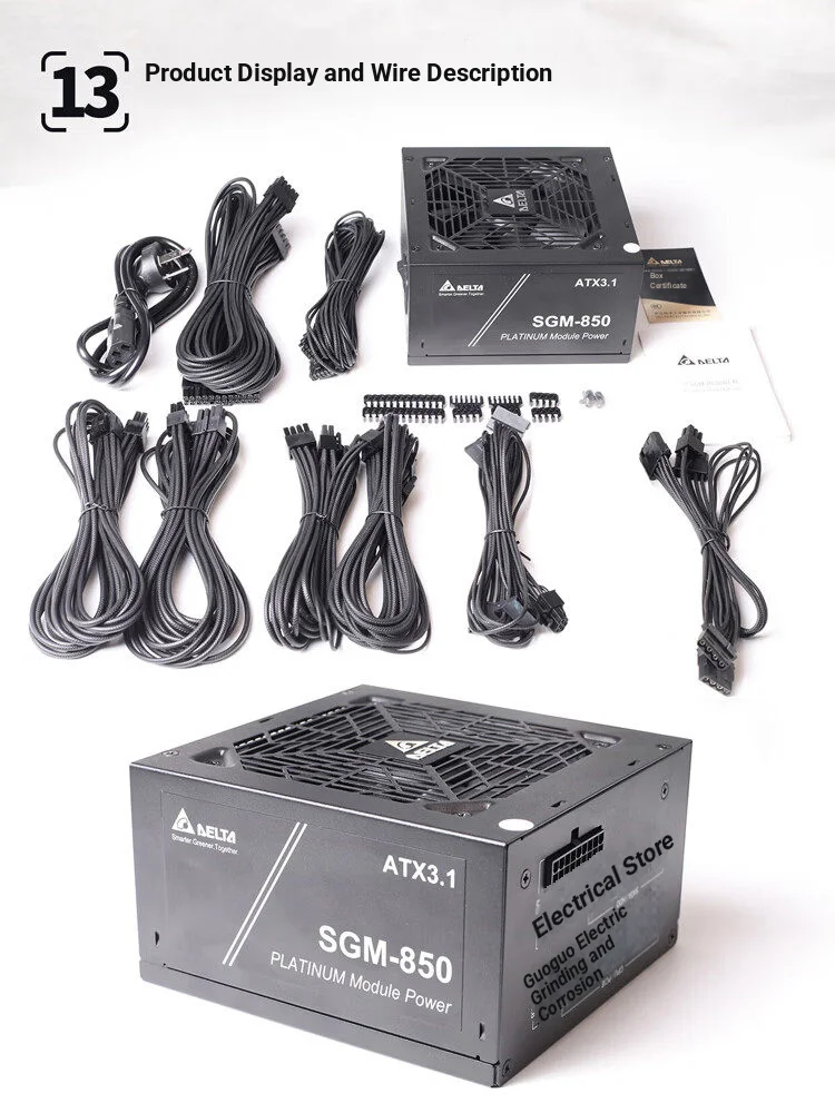 프로모션용 오리지널 델타 정격 850W 전원 공급 장치 Sgm850 플래티넘 풀 모듈러 Atx3.1 컴퓨터 전원 공급 장치 풀 전압/50 시리즈 그래픽 카드 지원/팬 시작/정지 기능/일본산 커패시터