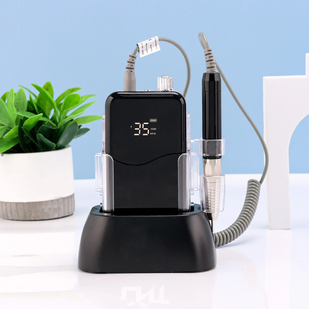 블랙 하트 데스크탑 브러시리스 무선 베이스 LED 로고 전기 네일 드릴 머신, 매니큐어 충전식 배터리용, 35000rpm