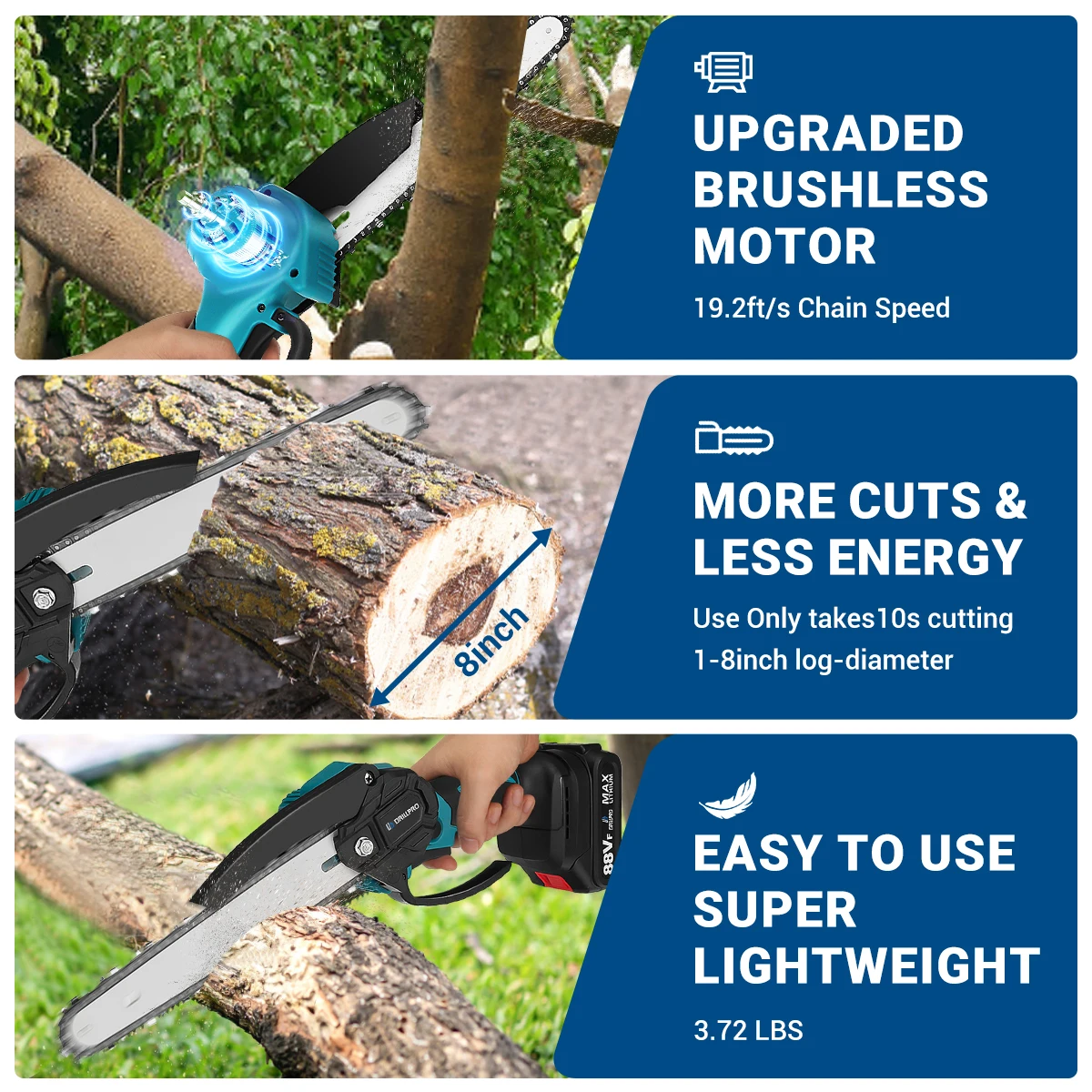 8 Inch Brushless Chain Saw Drillpro Mini Handheld Pruning Chainsaw Woodworking Electric Saw Cutting Power Tool for 18V Battery