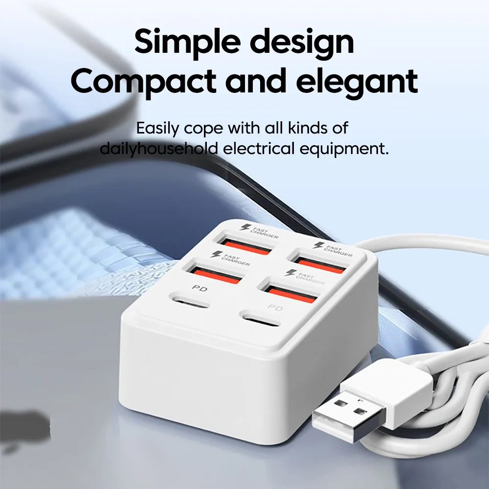 Multi-Port USB Charger with 6 Outlets and Power Strip, 43CM Cable Included