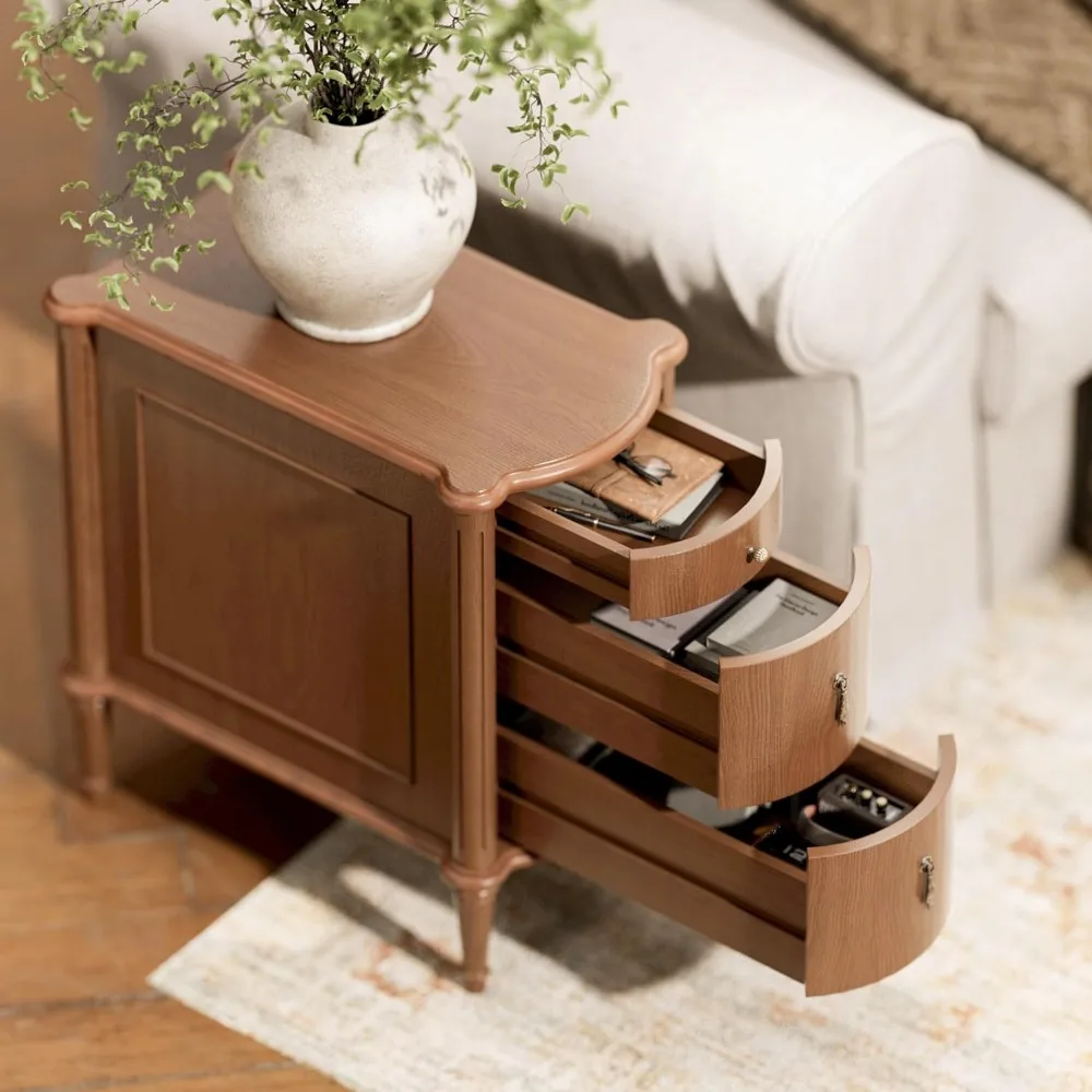 STO'SENSE Nightstand w/Charging Station & 3 Drawers, Pre-Assembled, Vintage Side Table w/Antique-Finished Pulls, Rustic Wood Fin