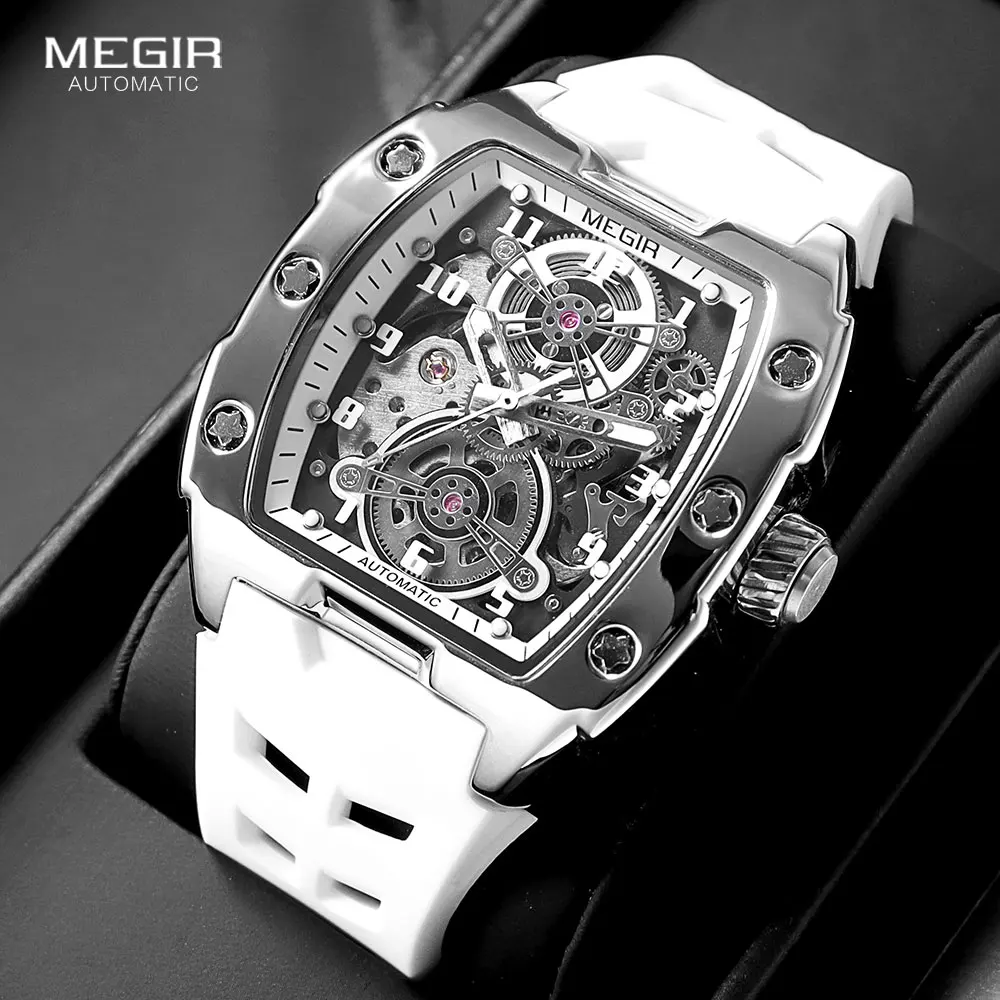 MEGIR 8602 Sport Automatic Watch Men Waterproof White Silicone Strap Mechanical Wristwatch with Tonneau Hollowed-out Dial mechanical watch