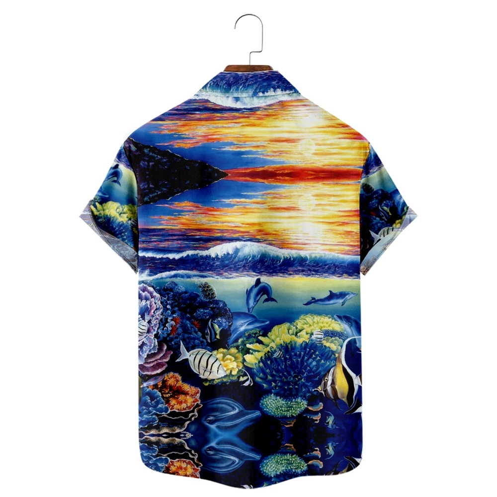 

Men's Hawaiian Shirt loose top 3D Sunset seaside print men's shirt fashion shirt men's T-shirt breathable summer short sleeve