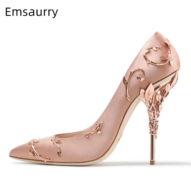 Flower Vine Leaf Heel Bridal Wedding Shoes High Heels Pointed Toe Blue ...