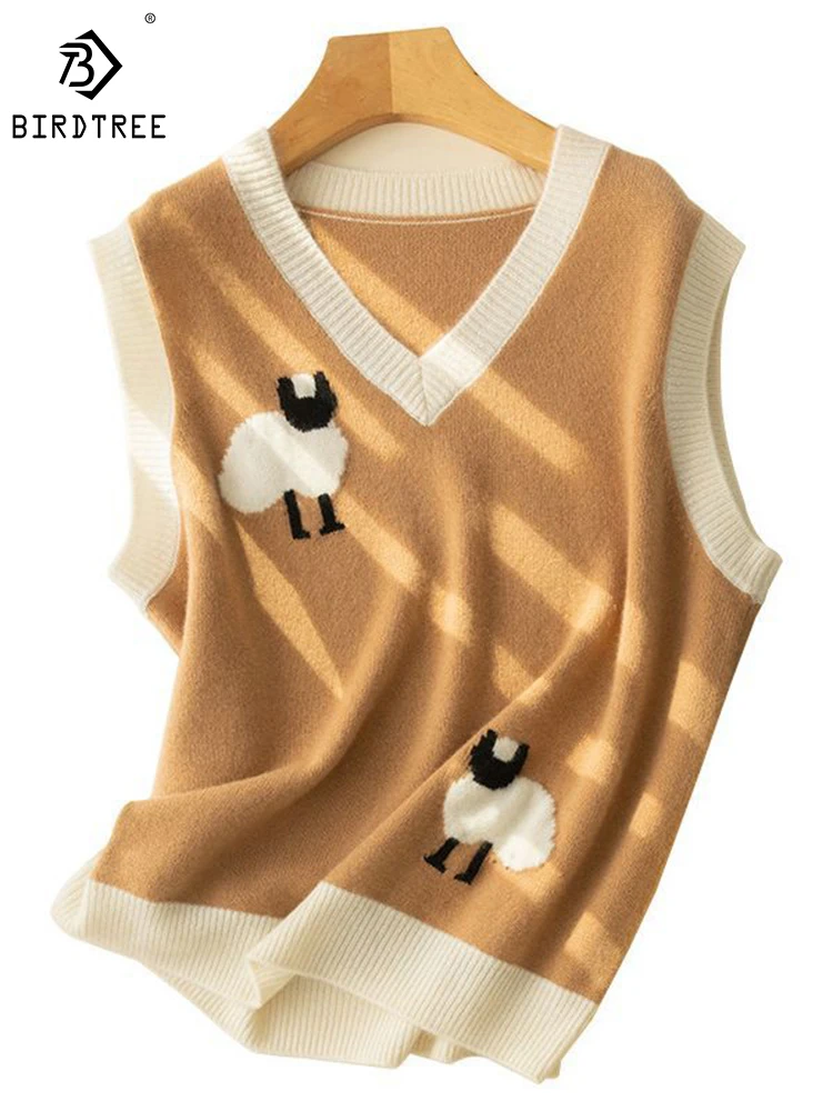 

Birdtree 100% Cashmere Knit Vest Fall/Winter New V-neck Lamb Pattern Loose Pullover Layered Color-block Vests Woman T39515QD