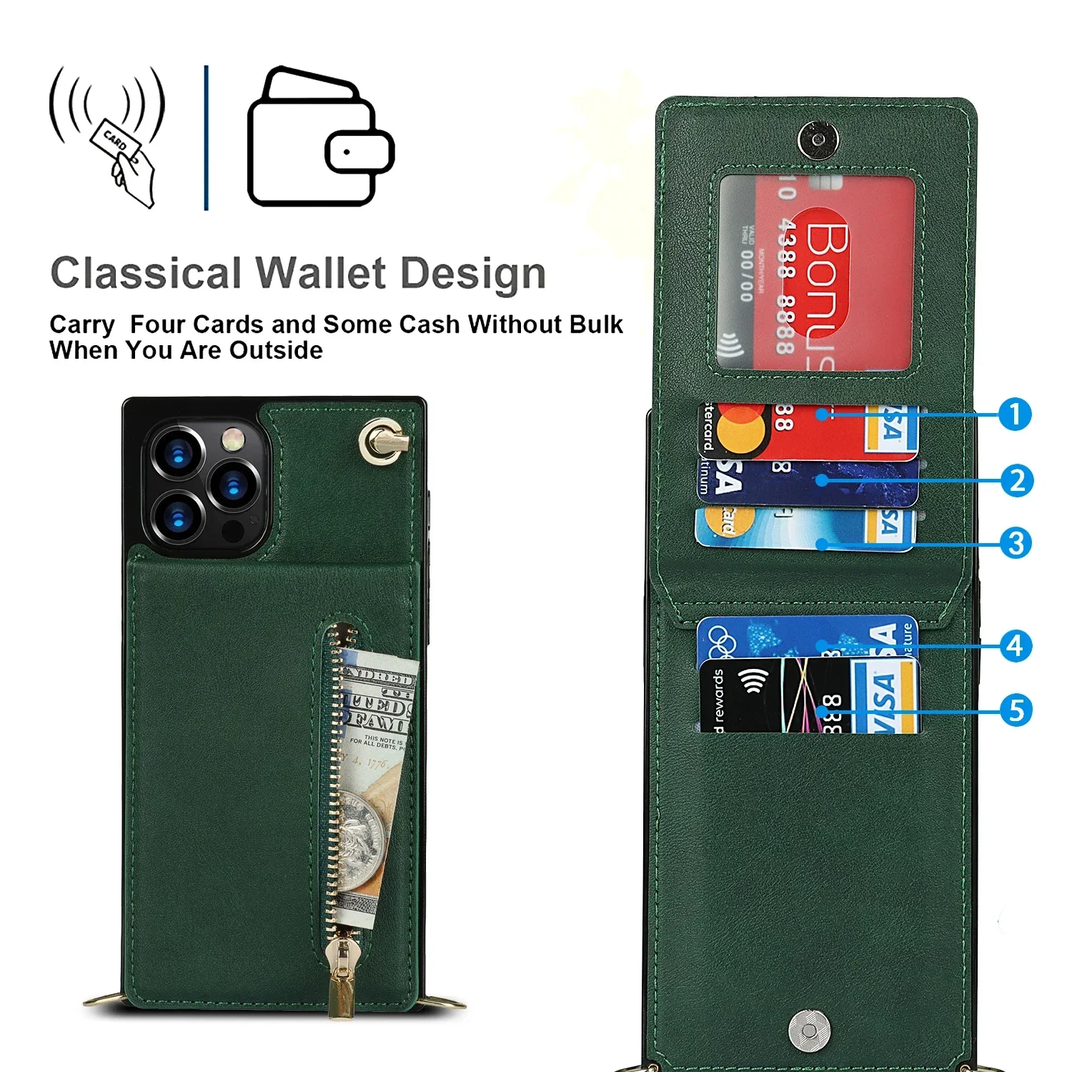 Leather Crossbody Zipper Wallet with Card Holder and Lanyard Strap