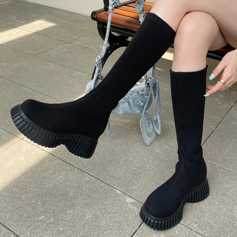 

Женские высокие сапоги на танкетке, эластичные сапоги до колена, без застежки, обувь на каблуке, модная обувь