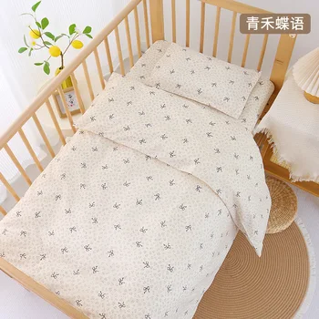 3 pezzi set neonato culla set biancheria da letto in cotone morbido cartone animato stampa colore camera da letto letto culla copripiumino in lino lenzuola cuscino