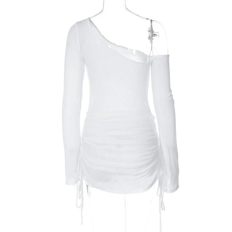 Off-Shoulder Sheer Mini Dress - Womens Ruched Long Sleeve Beach Cocktail Party Wear