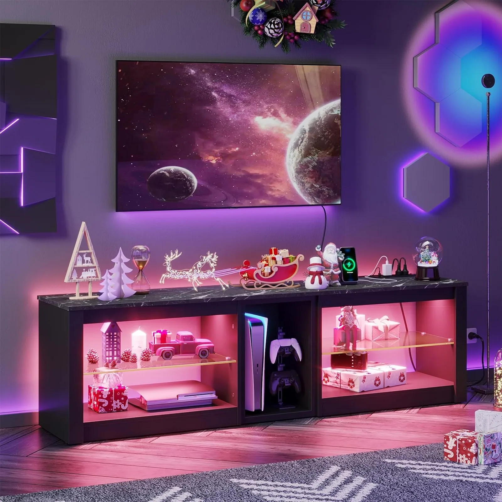 

US Bestier TV Stand for 70 inch TV with Power Outlets, LED Entertainment Center for PS5, Gaming TV Consoles with