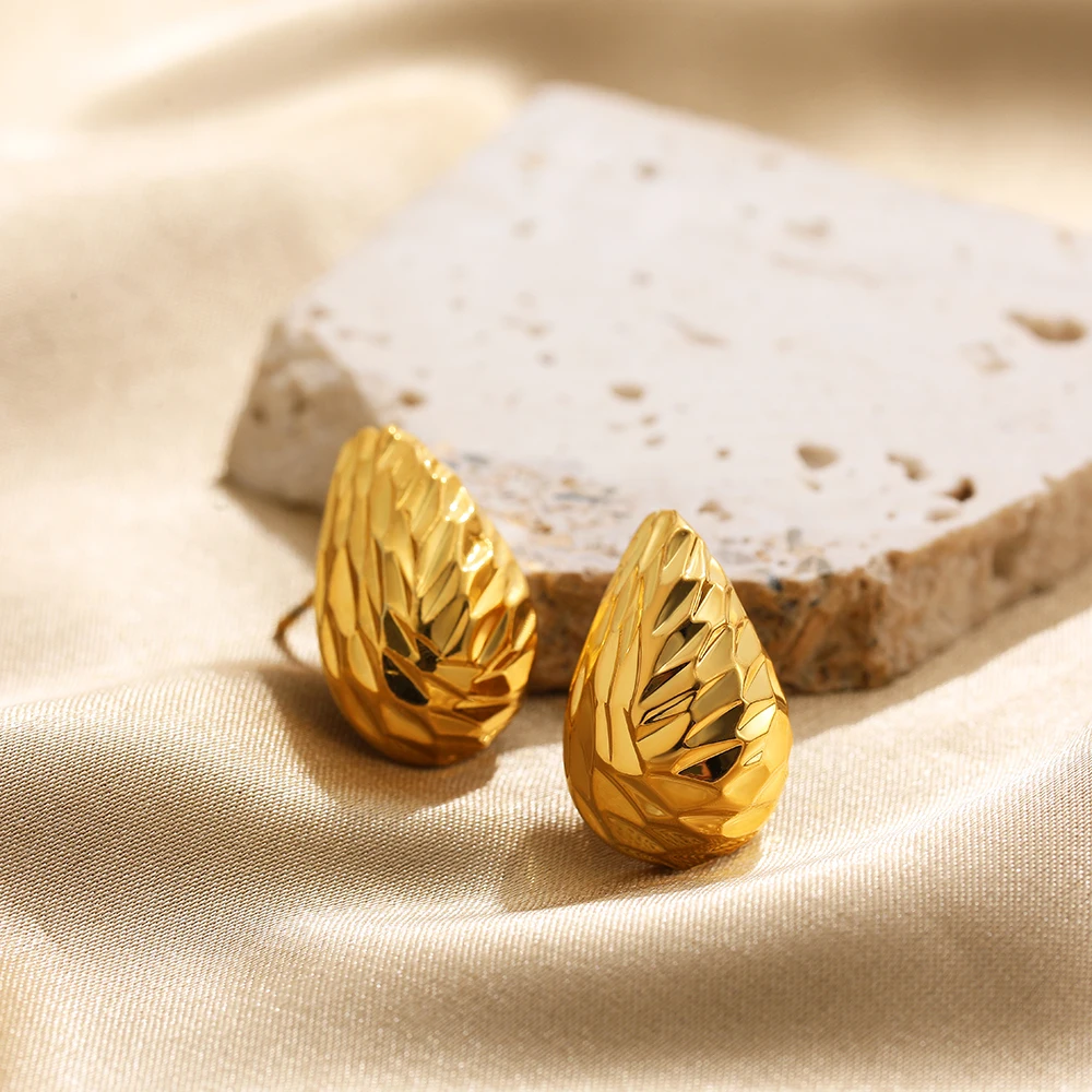 Retro Stainless Steel Geometric Irregular Texture Hemispheres Earrings Gold Plated Waterdrop Waterproof Small Studs Ear Jewelry